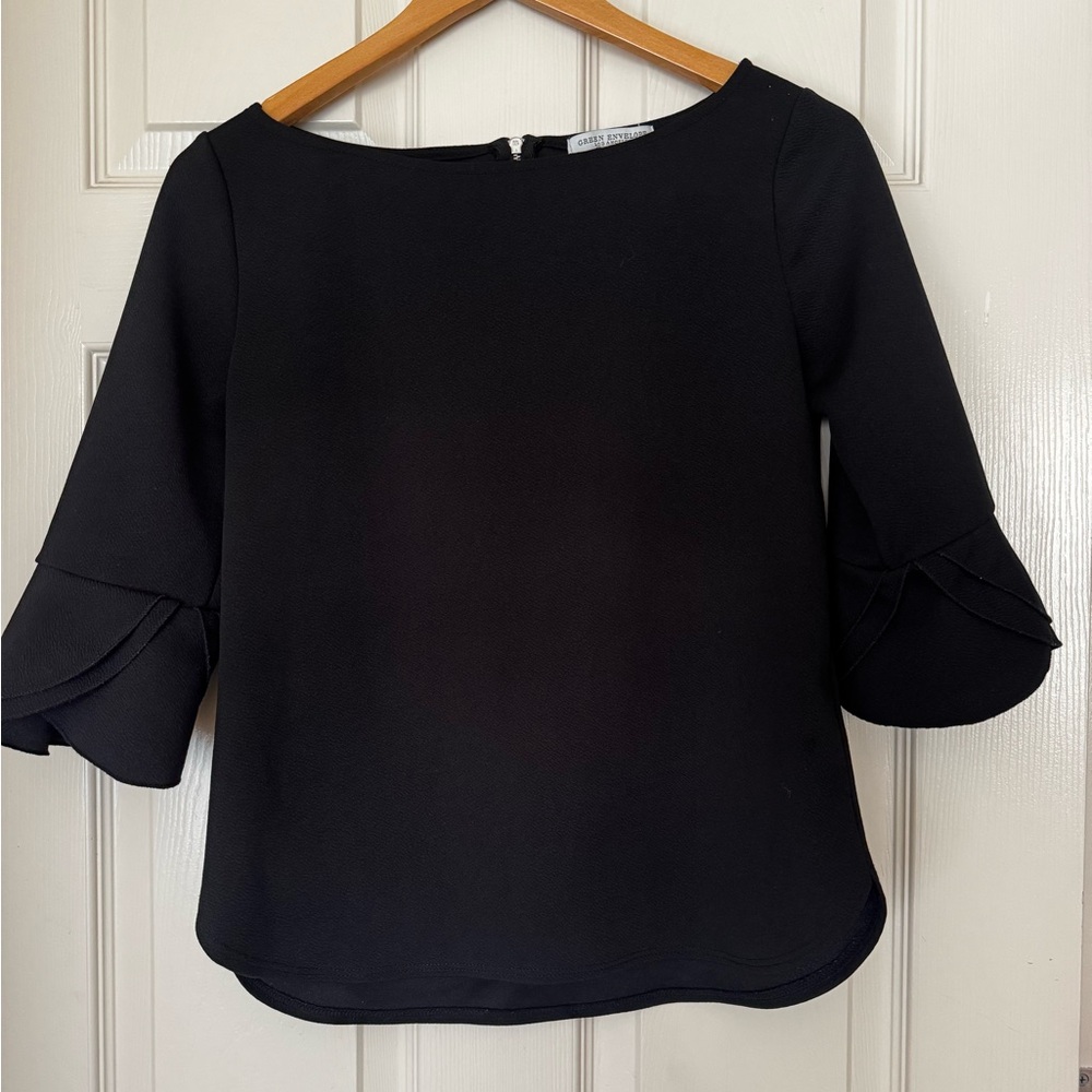 Green Envelope Black Women's Blouse with Ruffled Sleeves